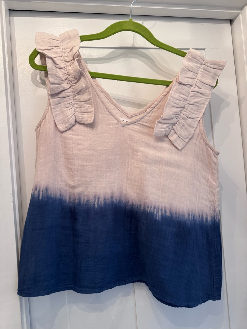 THML Tan to Blue Ruffle Shoulder Dip-Dye Tank